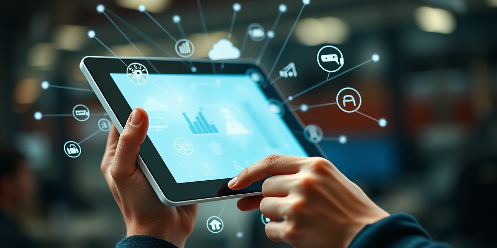 Generate an image of a person using a tablet displaying industrial and technological icons, with a network of connections around the tablet, shot in high resolution with a DSLR camera, 50mm lens at f/2.8, natural lighting, and a shallow depth of field.