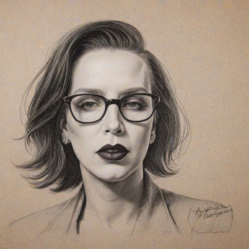 Magnificent Marilyn Manson, pencil sketch, portrait of Dazzling woman 1944s in glasses, hair style beatnik, outline, clear lines, fine lines, 8k