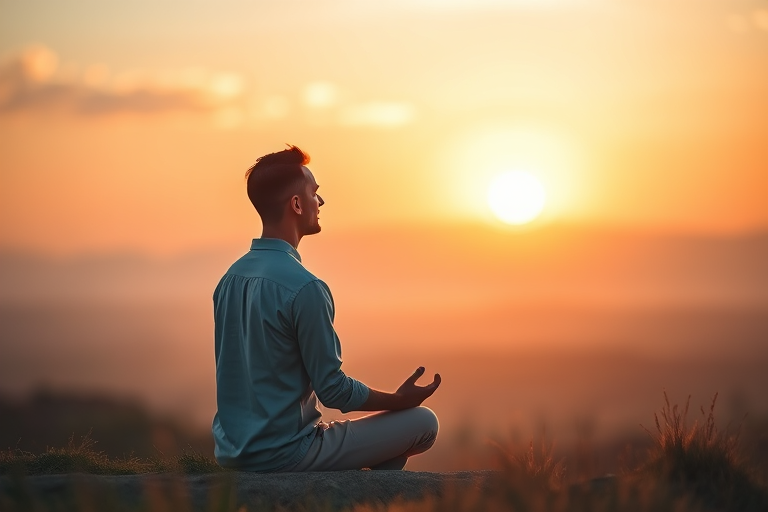 Create a serene image of a man meditating in a tranquil landscape at sunrise, with soft pastels and watercolor effects, using a Canon EOS R5, 50mm lens, f/2.8 aperture, ISO 100, and a shallow depth of field to enhance the ethereal quality.