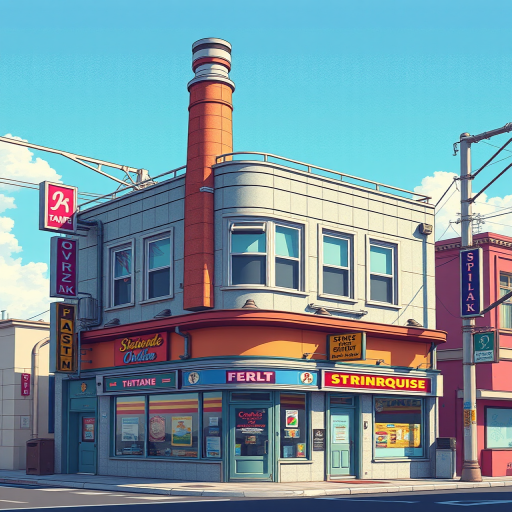 create an ultra-detailed pixel art retro futuristic building with a shopfront, chimney, and various signs, in bright colors, with a 35mm lens, f/4 aperture, ISO 200, overhead sunlight, high-resolution digital art style