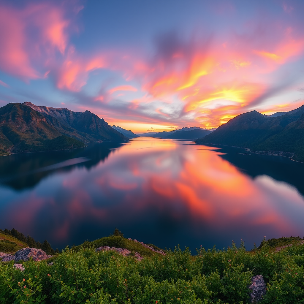 High-resolution image of a serene landscape with mountains and a lake at sunset, captured with a Canon EOS 5D Mark IV, 24mm f/1.4 lens, ISO 100, aperture f/8, shutter speed 1/60s, panoramic view, vibrant color enhancements.