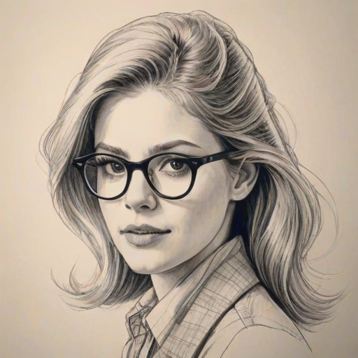 Bewitching Erin Moriarty, pencil sketch, portrait of Delightful woman 1980s in glasses, hair style beatnik, outline, clear lines, fine lines, 8k
