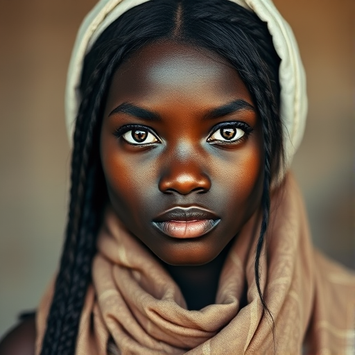Create a portrait of a young Zulu woman with long, dark hair and captivating hazel eyes. She is wearing a white headscarf and a matching scarf draped gracefully around her neck. The background is softly blurred, focusing attention on her serene and natural expression. The overall color palette is muted and warm, enhancing the intimate and authentic feel of the portrait.