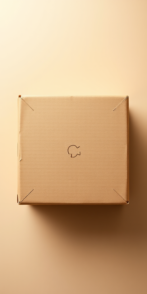 Create a highly detailed and realistic image of a closed cardboard box, top view, with soft lighting and a neutral background, using a DSLR camera at f/8 aperture, 50mm lens, ISO 100, and a shallow depth of field for enhanced focus.
