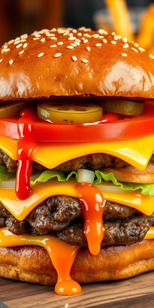 High-resolution, close-up image of a gourmet double cheeseburger. The burger features a glossy, sesame-seed-topped brioche bun. Inside, there are two thick, juicy beef patties, each topped with melted cheddar cheese. The burger is garnished with fresh lettuce, tomato slices, diced onions, and pickles. A generous amount of ketchup and a creamy, orange-colored sauce is dripping down the sides, adding to the mouth-watering appeal. In the background, there are blurred elements including a side of golden French fries and a hint of a beverage, enhancing the overall presentation of a delicious meal.