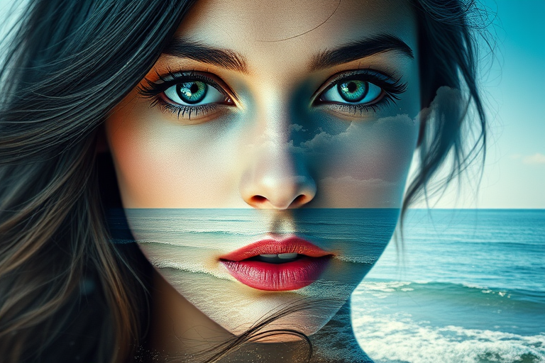 design Book cover, A surreal double exposure portrait that blends a woman's face with a beautiful seascape. The overall mood is dreamy and mystical, with rich colors and intricate details
