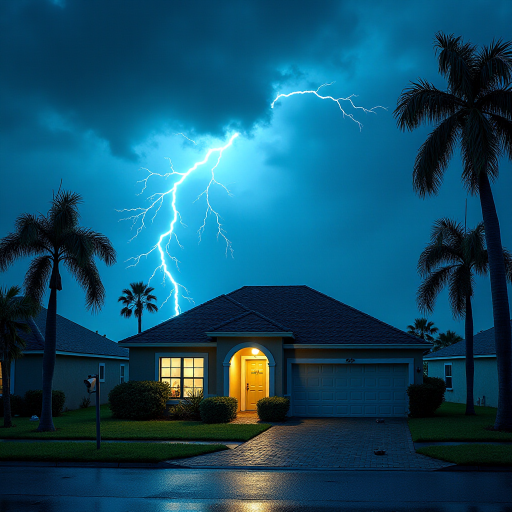Hurricane Milton blows a roof off a home. Strong winds and rain blows sideways. Palm trees uprooted and bent over. Cars flying through the sky with debris. Sky is dark with thunder storms. Lightning strikes are fluorescent blue. Add text Hurricane Milton 2024