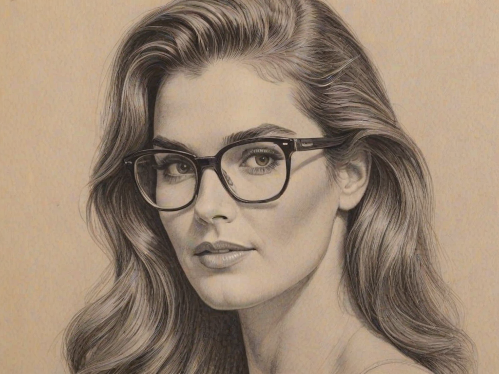 Delightful Brooke Shields, pencil sketch, portrait of Bewitching woman 1967s in glasses, hair style beatnik, outline, clear lines, fine lines, 8k