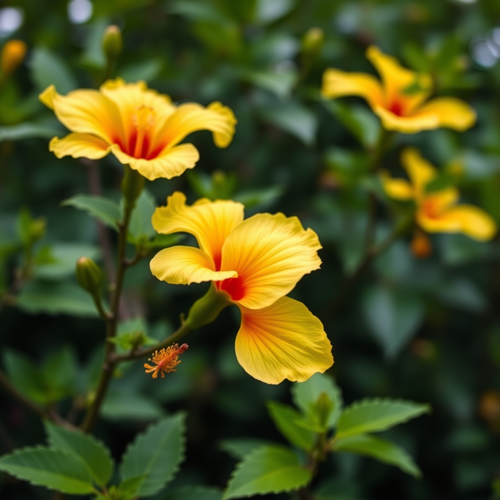 capture a close-up of vibrant yellow hibiscus flowers against a lush green backdrop using a macro lens, f/2.8 aperture, 1/200s shutter speed, ISO 100, natural light, shallow depth of field for a soft background blur