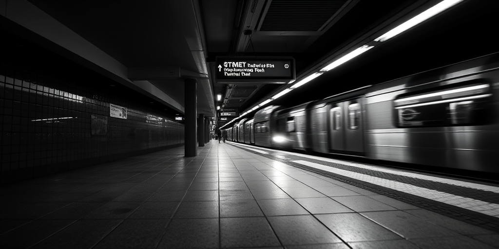 A low-angle shot of an empty subway platform with a train in view, captured in black and white, aperture f/4, ISO 100, shutter speed 1/125s, using a DSLR camera with a wide-angle lens for enhanced depth and clarity.