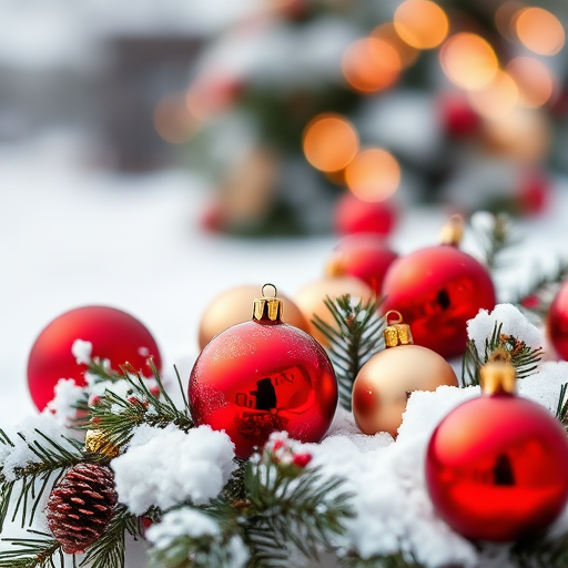 Christmas decorations with red and gold ornaments and pine branches on snow, bokeh background, portrait view, DSLR camera, 50mm lens, f/1.8 aperture, ISO 200, 1/125 sec shutter speed.