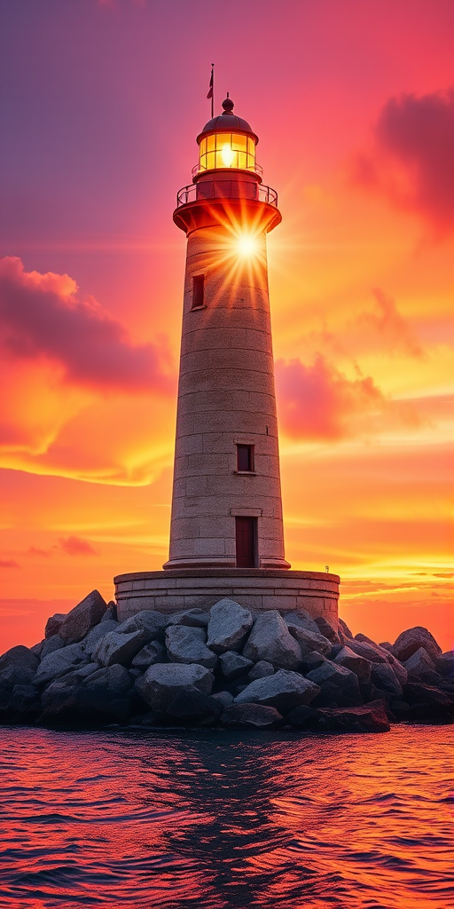 Generate an image of a tall lighthouse perched on a rocky outcrop surrounded by calm ocean waters during a breathtaking sunset. The lighthouse stands sturdy and weathered, its stone surface illuminated by the warm golden light of the setting sun. The sun's rays pass directly through the glass lantern room at the top of the lighthouse, casting a brilliant light across the scene. The sky is painted with vibrant shades of orange, pink, and purple, reflecting off the tranquil sea. The surrounding water shimmers with the same warm hues, creating a serene and majestic atmosphere.