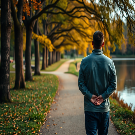 A serene park scene featuring a man with his hands clasped behind his back, walking along a tree-lined path by a calm lake with autumn foliage in the background, captured with a Canon EOS 5D Mark IV, f/4 aperture, 50mm lens, ISO 100, and a shallow depth of field to enhance background blur.