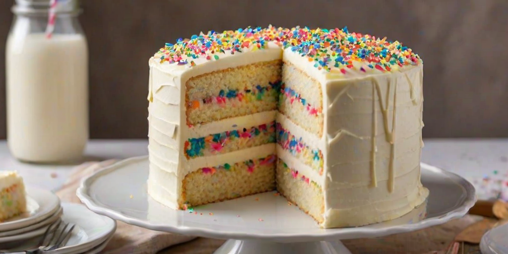Create an image of a layered vanilla cake with smooth frosting on the outside. The top should be decorated with swirls of frosting and colorful sprinkles. The cake should be partially sliced to show its soft, fluffy texture and layers inside. The background should be simple and neutral to emphasize the cake.