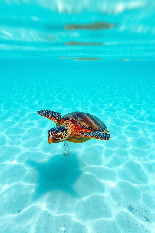 a sea turtle swimming gracefully through clear blue ocean water with a sandy ocean floor beneath and gentle waves above