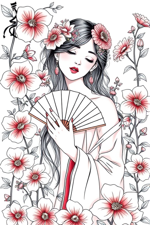 Create a detailed illustration of a serene figure holding a fan, surrounded by vibrant flowers, with high contrast and intricate line work, shot with a DSLR camera at f/2.8, ISO 100, and a 50mm lens, in a soft-focus style from a three-quarter angle.