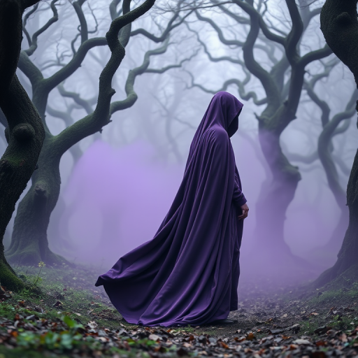A mysterious figure in a flowing purple cloak standing in an enchanted forest with twisted trees, surrounded by a purple mist, soft focus, aperture f/2.8, ISO 100, 35mm lens, shot from a low angle to enhance depth and perspective.