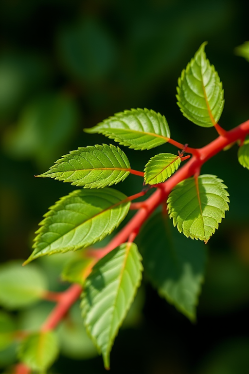 Create a detailed illustration of green leaves on a red stem, capturing a vibrant and fresh look, using a high-resolution DSLR camera with a 50mm lens, aperture set to f/2.8 for a shallow depth of field, ISO 100 for clarity, and natural lighting to enhance colors and textures.
