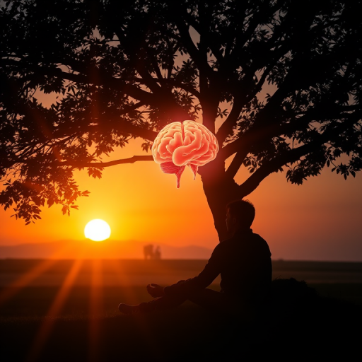 silhouette of a person sitting under a tree with a glowing brain, sunset on the horizon with rays of light, smooth gradient background, ultra HD, 35mm lens, f/2.8 aperture, 1/100 shutter speed, soft focus style, digital art