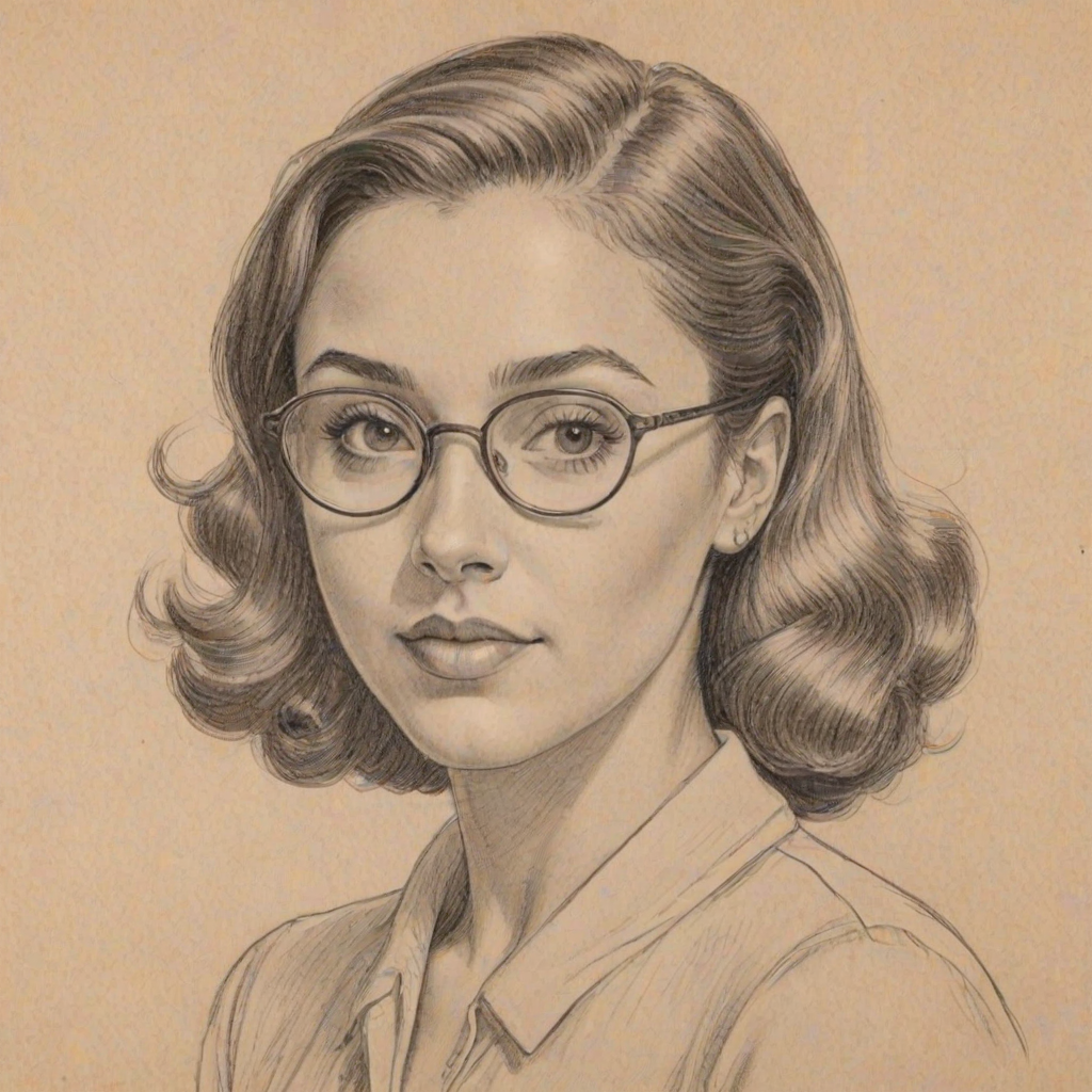Elegant Ariana Greenblatt, pencil sketch, portrait of Delightful woman 1946s in glasses, hair style beatnik, outline, clear lines, fine lines, 8k