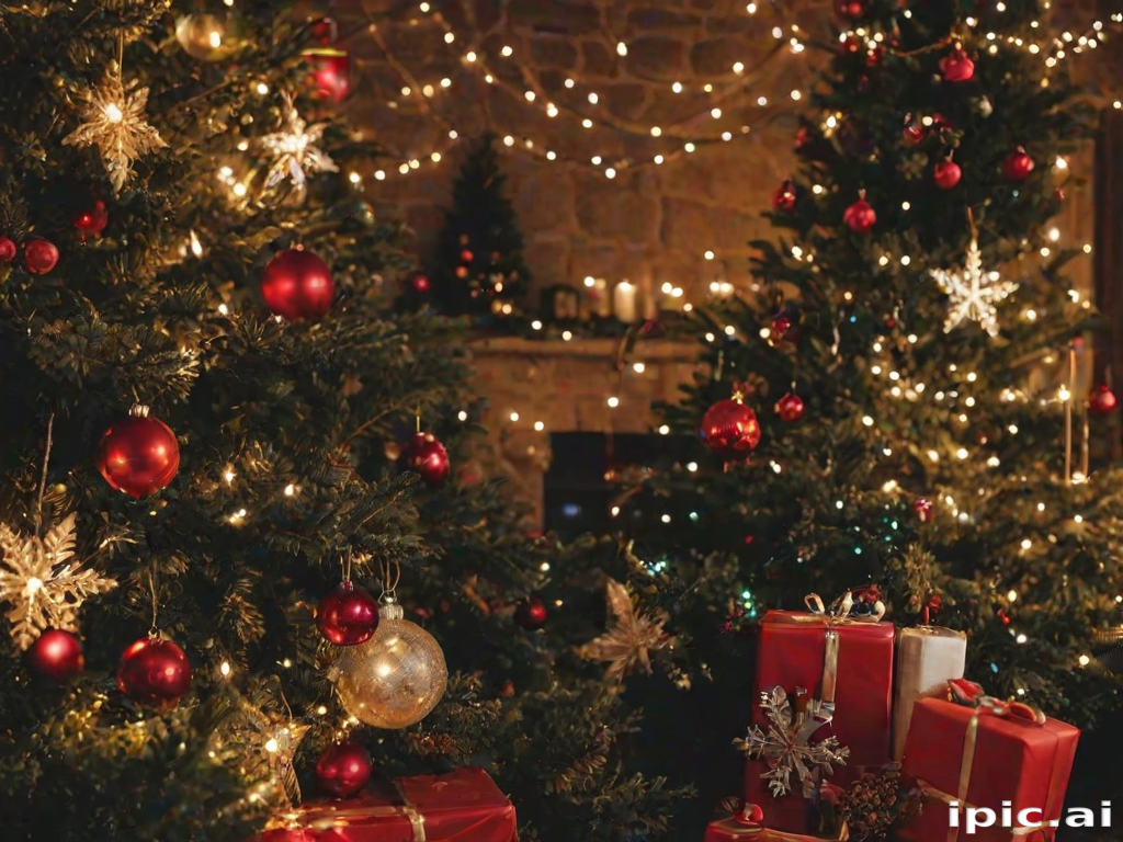 Cozy Christmas Scene with Decorated Trees and Festive Gifts Under ...