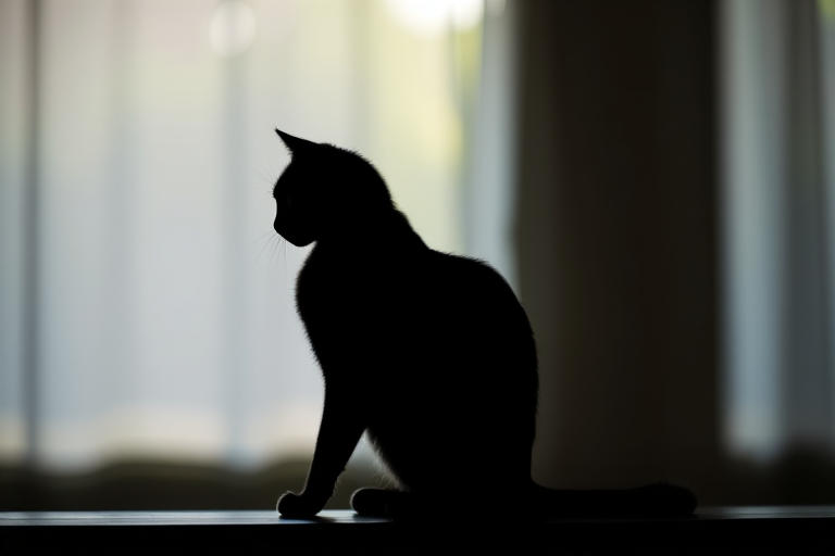 Generate a high-resolution image of a silhouette of a cat sitting gracefully, using a Canon EOS R5 camera, 50mm lens, aperture f/1.8, ISO 100, natural lighting, with a soft focus background for depth.