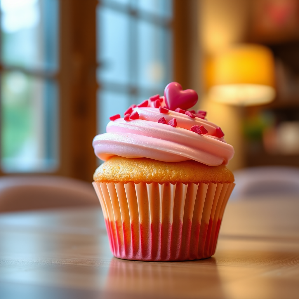 Create a cute, cartoon-style cupcake with pink frosting and red heart sprinkles on top, captured in high resolution using a DSLR camera at f/2.8 aperture, ISO 200, with a shallow depth of field to blur the background and focus on the cupcake, in a well-lit indoor setting.