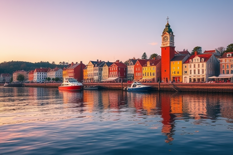 Capture a scenic waterfront view of a coastal town with a clock tower and colorful buildings reflecting in calm water during sunset, using a DSLR camera, ISO 200, f/8, 1/250s, wide-angle lens at 24mm, natural light for enhanced vibrancy and clarity.