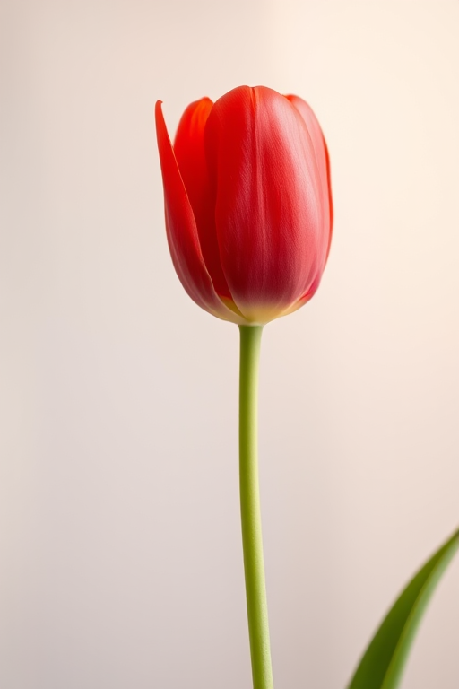Create a close-up image of a single red tulip against a soft, neutral background with a Canon EOS R5, 85mm lens, aperture f/1.8, ISO 100, natural lighting, shallow depth of field for a blurred background effect.