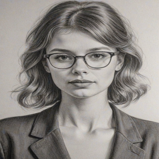 Captivating Katja Herbers, pencil sketch, portrait of Delightful woman 1944s in glasses, hair style beatnik, outline, clear lines, fine lines, 8k