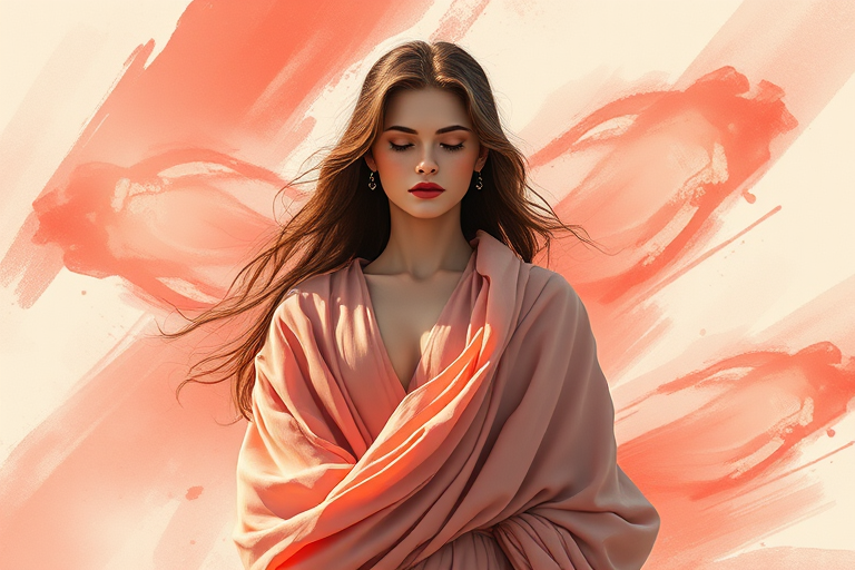 Create a high-resolution digital painting of a serene figure with flowing robes, surrounded by soft red abstract brush strokes, using a Canon EOS R5 with a 50mm f/1.2 lens at f/2.8, ISO 100, with a shallow depth of field and soft natural lighting to enhance the ethereal quality.