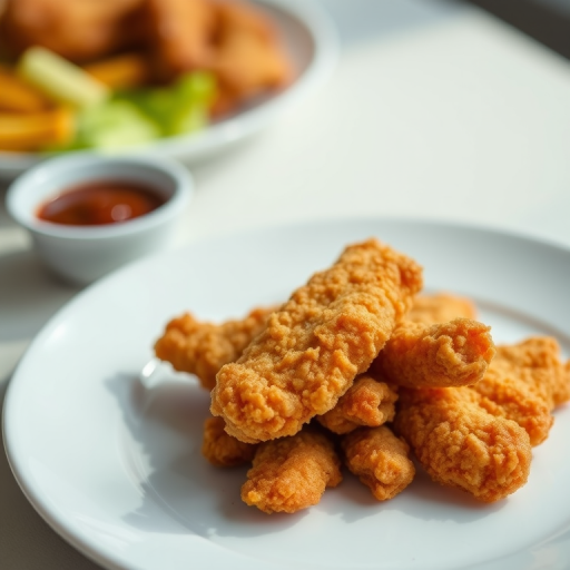 photograph of crispy fried chicken strips on a plain white plate, taken with a Canon EOS 5D Mark IV, 50mm lens, f/2.8 aperture, ISO 100, 1/200s shutter speed, natural light, shallow depth of field, vibrant colors