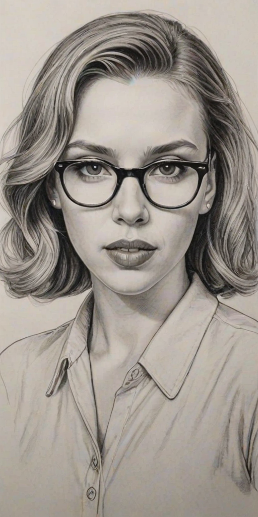 Delightful Scarlett Johansson, pencil sketch, portrait of Delightful woman 1930s in glasses, hair style beatnik, outline, clear lines, fine lines, 8k