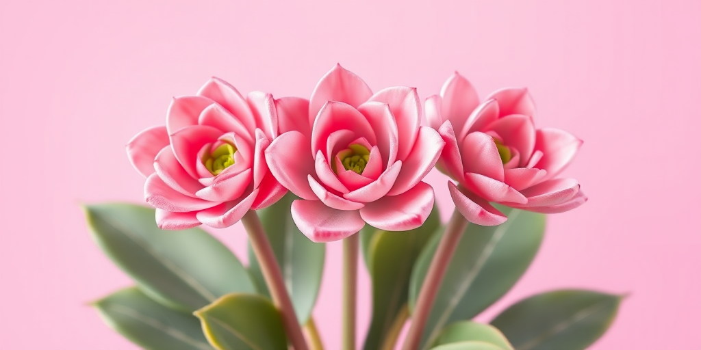 Create a vibrant digital illustration of three pink flowers resembling succulents with soft petals, set against a gradient pink background, using a high-resolution digital camera with an aperture of f/2.8, a focal length of 50mm, and a soft focus style for enhanced image quality.