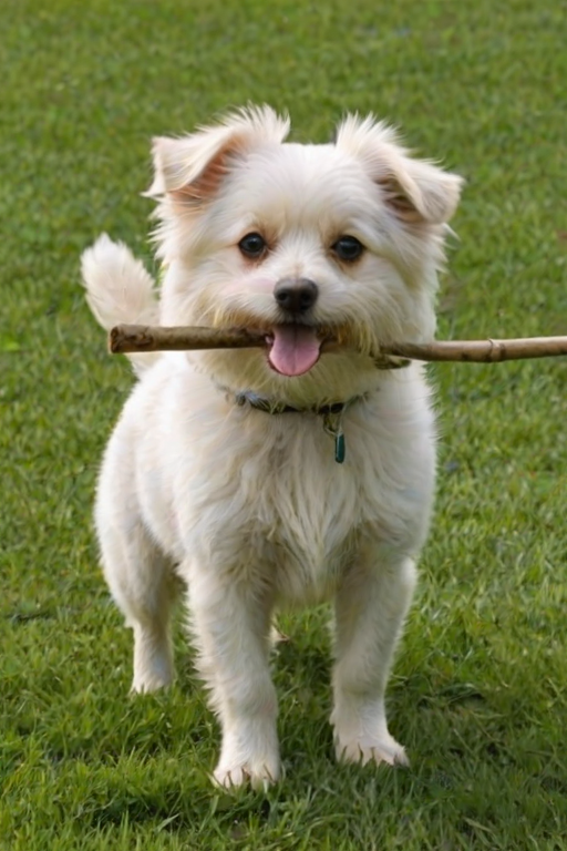 A small, fluffy dog with a light-colored coat carrying a large stick in its mouth while standing on green grass.