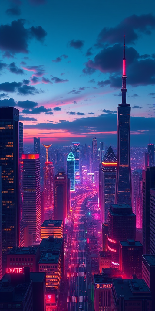 Create a high-resolution vector illustration of a futuristic city skyline at dusk with colorful neon lights, using a DSLR camera set to 35mm, aperture f/8, ISO 200, shot from an aerial view, focusing on vibrant colors and sharp details, in a digital art style.