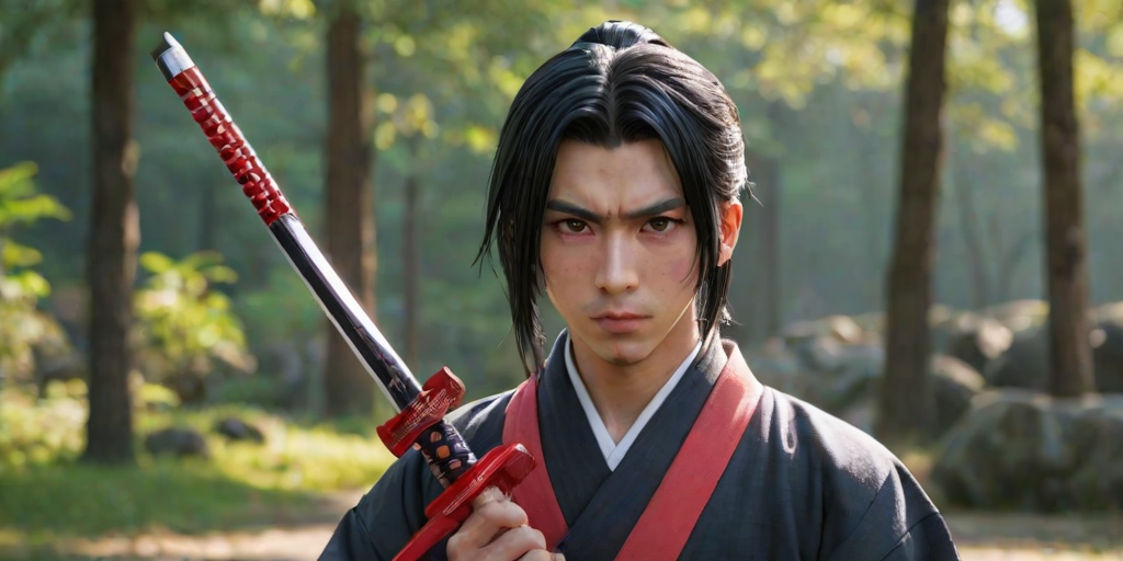 i want the whole image to be created in 3D anime style, solo, long hair, looking at viewer, black hair, red eyes, 1boy, jewelry, closed mouth, upper body, ponytail, weapon, male focus, earrings, outdoors, japanese clothes, sword, kimono, mole, blurry, blurry background, scar, katana, scar on face, haori