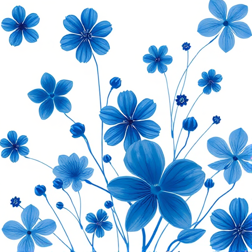 Create a vibrant illustration of abstract blue floral designs with varying sizes and shapes, using a high-quality digital art style with a soft focus effect, shot with a high-resolution camera at f/5.6 aperture, 1/125 shutter speed, and 50mm lens, ensuring a clean white background for contrast.