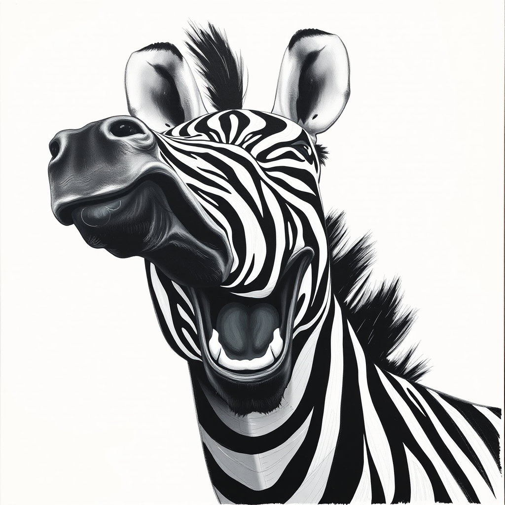 Abstract black and white acrylic portrait of an over exaggerated laughing (zebra). Minimalism style. White background.