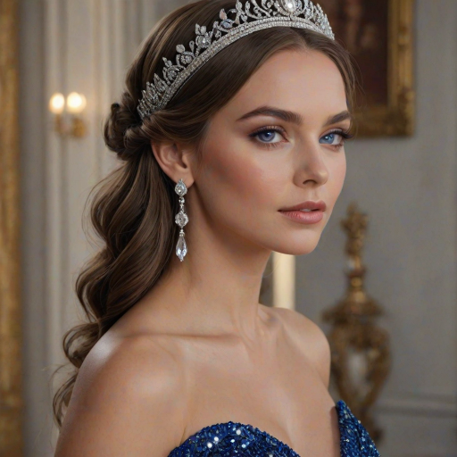 A gorgeous woman in a luxurious blue gown, accessorized with a dazzling tiara and statement earrings, her deep blue eyes highlighted by impeccable makeup, poised in a royal setting, photorealistic, 8K quality
