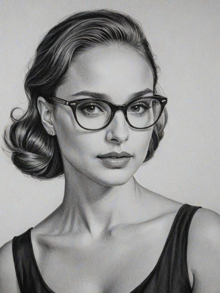 Sublime Natalie Portman, pencil sketch, portrait of Enchanting woman 1950s in glasses, hair style beatnik, outline, clear lines, fine lines, 8k