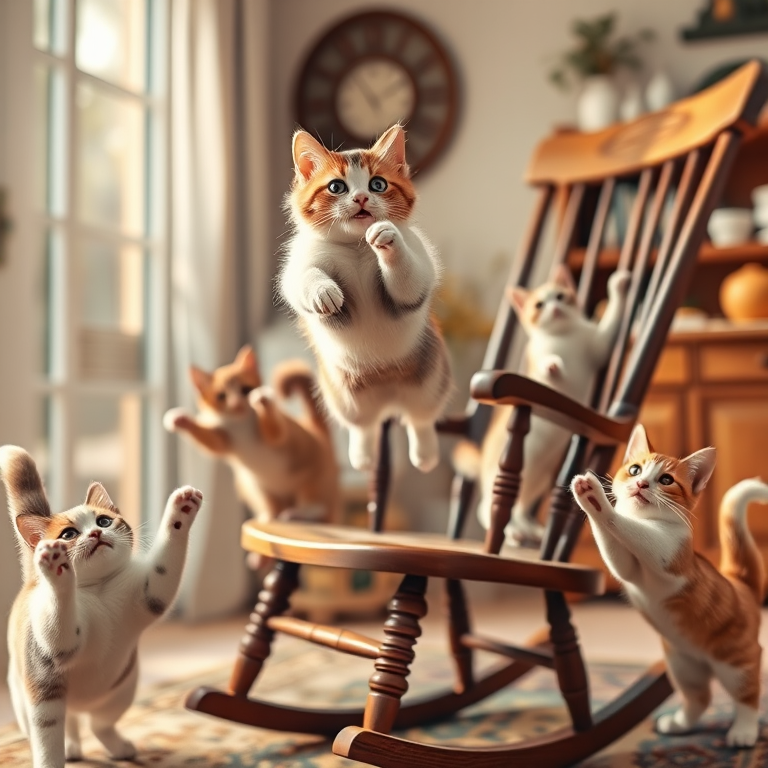 Create a playful and dynamic illustration of cats in various playful poses, highlighting a cat jumping off a rocking chair, with a backdrop of a cozy home setting, captured with a Canon EOS 5D Mark IV, 50mm lens, f/2.8 aperture, ISO 100, and soft natural lighting for enhanced clarity and warmth.