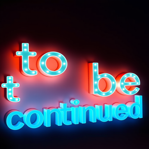Create a vibrant 3D text image that reads "to be continued" in glowing blue letters, with a depth effect for shadows, captured with a DSLR camera at f/2.8 aperture, ISO 100, 50mm lens, and slightly angled top-down view to emphasize the text.