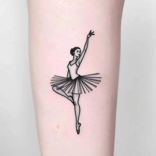 Minimalist line art tattoo "Whispered Silhouette" depicting a graceful ballerina in continuous single-line black ink, with subtle shading and negative space creating depth and movement