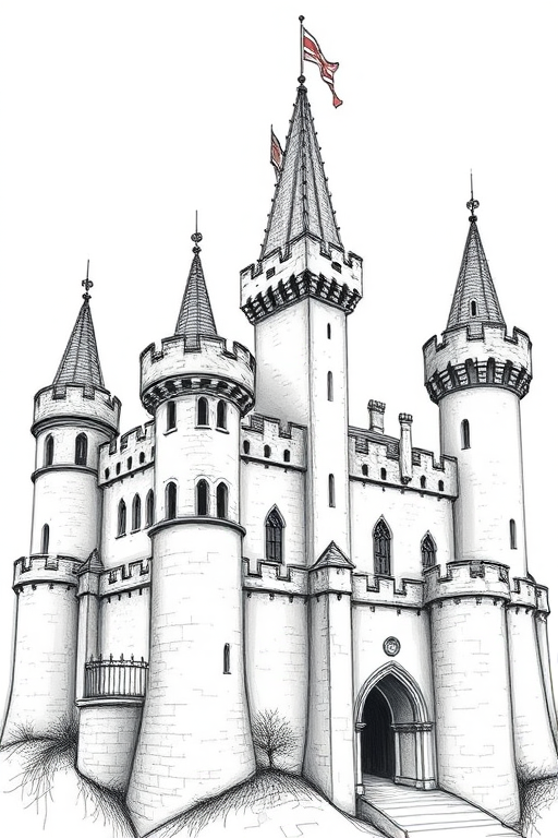 regenerate a detailed illustration of a medieval castle with intricate towers and battlements, soft lighting, shot with a DSLR camera at f/8 aperture, ISO 100, 50mm lens, eye-level view, in a realistic sketch style
