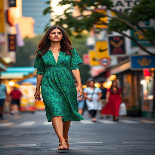 Generate an image of a woman walking confidently in a vibrant green patterned dress on a bustling street, focus on capturing her style and the lively surroundings, using a Canon EOS R5 with a 50mm lens, f/2.8 aperture, ISO 100, and a shallow depth of field for a blurred background effect, shot during golden hour for warm lighting.