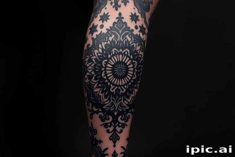 Powerful blackout tattoo covering the entire leg, featuring solid black ink with strategic negative space elements revealing intricate patterns and designs, creating a bold and dramatic visual statement