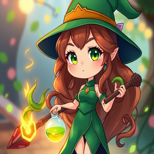 Create a vibrant illustration of a chibi witch character with green eyes and long wavy brown hair, wearing a sleek green dress with a high slit, holding a staff with a snake and potion, using a Canon EOS R5, 50mm f/1.2 lens, shot at f/2.8 for shallow depth of field, lighting setup to enhance colors and details, in high-resolution digital format.