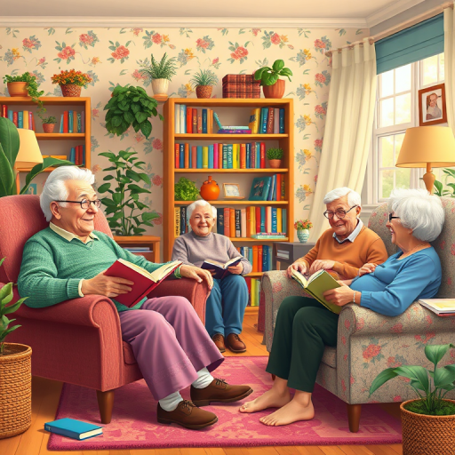 Create a vibrant digital illustration of a lively scene in a cozy living room with four elderly people interacting; two are sitting in armchairs with books, two are chatting with joyous expressions; include a bookshelf with colorful books, plants, and floral wallpaper; use a Canon EOS R5 camera with a 24-70mm f/2.8 lens, aperture at f/4, ISO 100, and natural lighting for enhanced clarity and vibrancy.