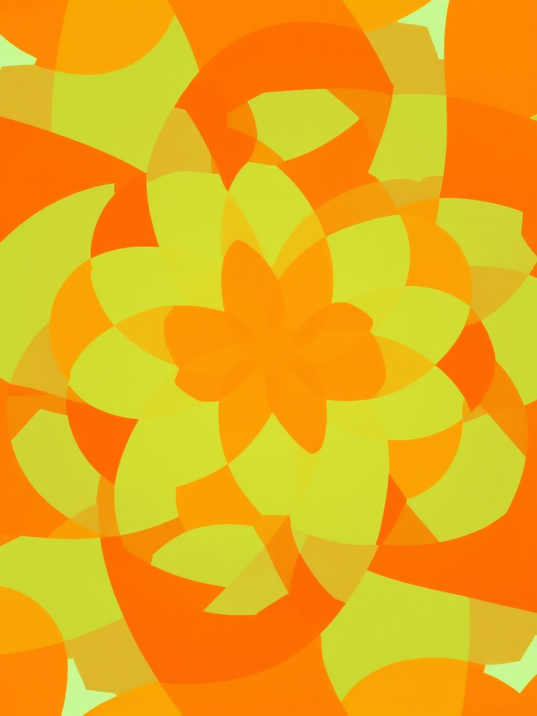 Create a vibrant geometric pattern with overlapping orange and yellow shapes in a circular design, shot with a Canon EOS 5D Mark IV, 50mm lens, f/8 aperture, ISO 100, soft focus to enhance colors and create depth.
